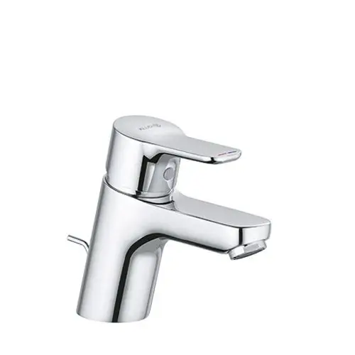 Waschtischarmatur in verchromter Ausführung von Kludi mit einem seitlichen Hebel für die Wasserregulierung und einem integrierten Ablauf.